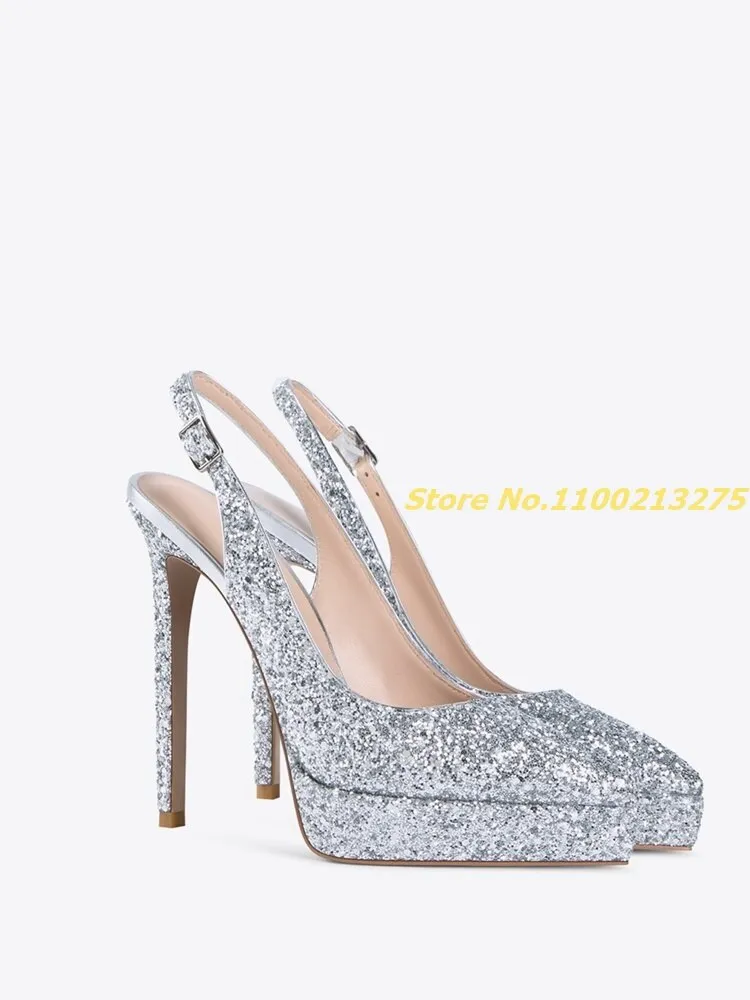 Glitter Back Strap Pumps Platform Thin High Heel  Pointed Toe Sequined Shoes