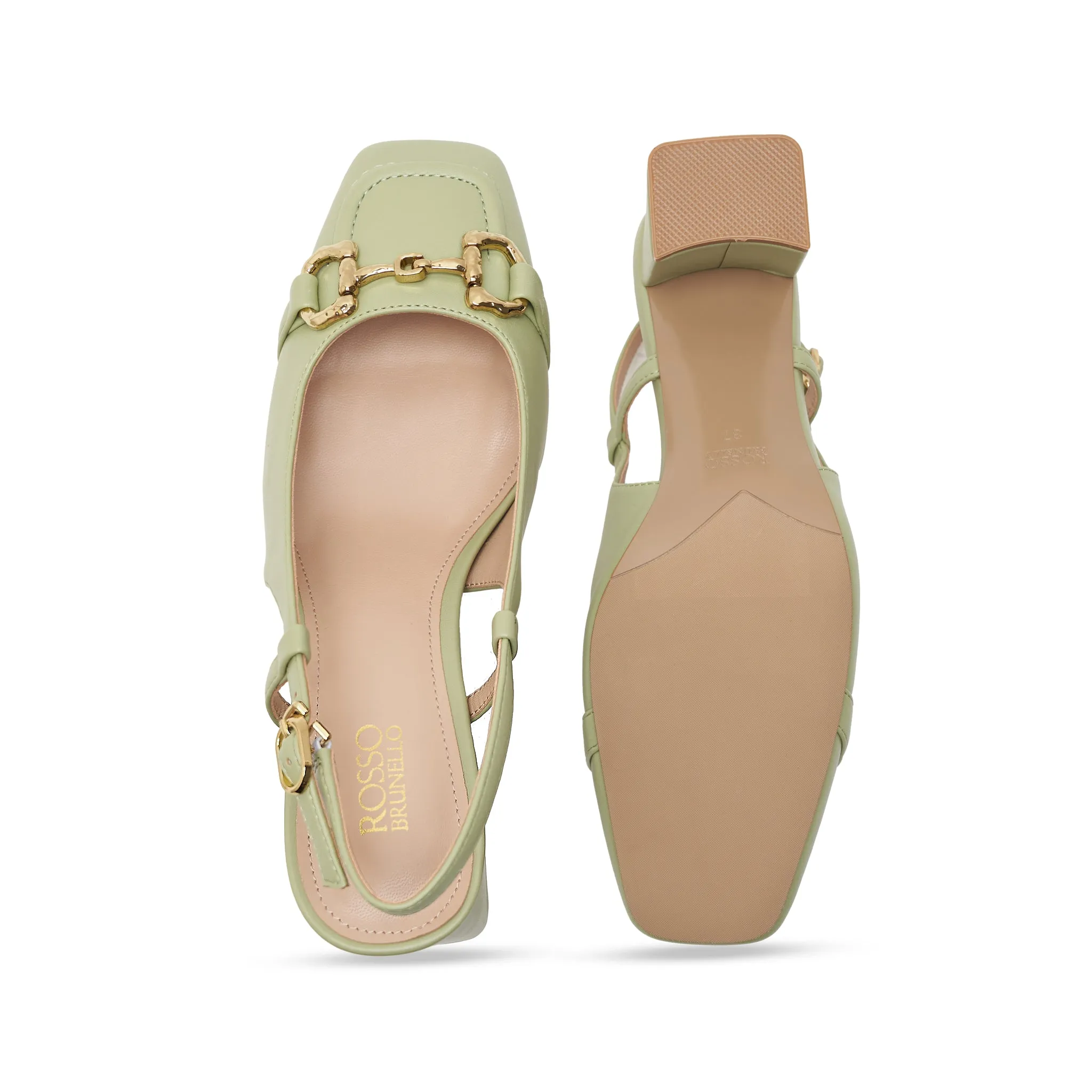 Green Slingback Pumps With Gold Embellishment