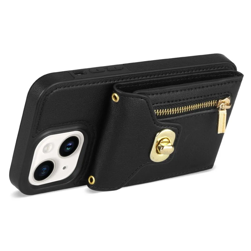 iPhone 15 Plus Necklace leather protective case with card slots   phone chain (120cm) - Black