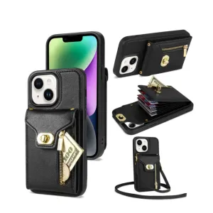 iPhone 15 Plus Necklace leather protective case with card slots   phone chain (120cm) - Black