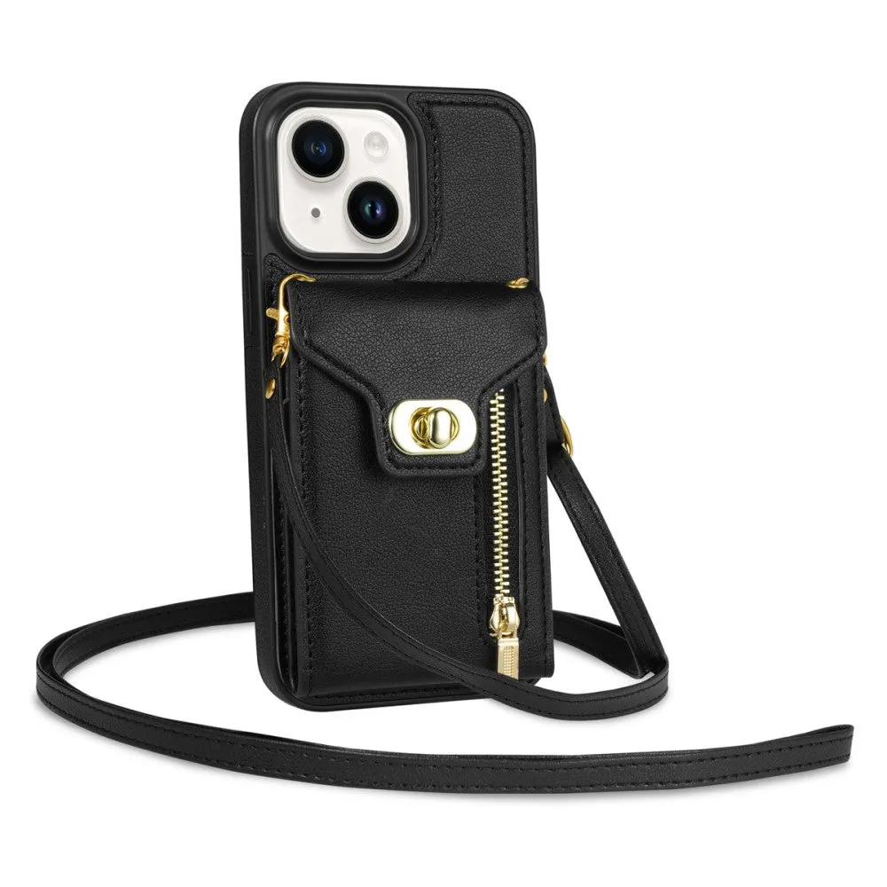 iPhone 15 Plus Necklace leather protective case with card slots   phone chain (120cm) - Black