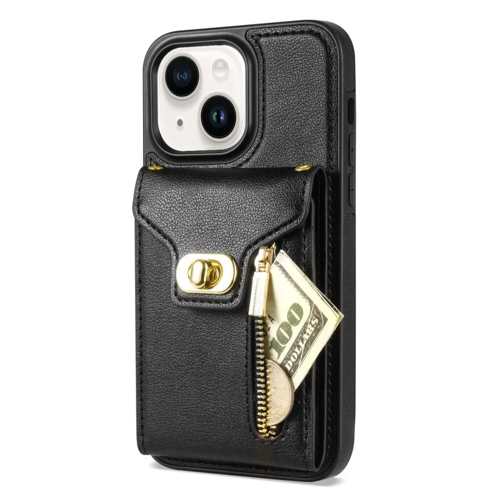 iPhone 15 Plus Necklace leather protective case with card slots   phone chain (120cm) - Black