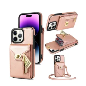 iPhone 15 Pro Necklace leather protective case with card slots   phone chain (120cm) - rose gold
