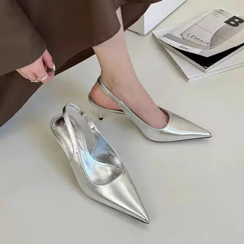 Joskaa Elegant High Heels Silver Pumps Women 2024Summer Slingbacks Pointed Toe Party Shoes Woman Solid Thin Heeled Sandals Ladies