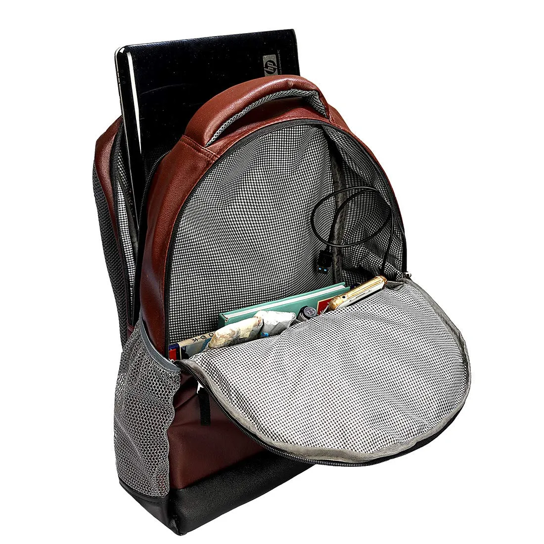 Leather World PU Leather College Office Laptop Backpack with USB