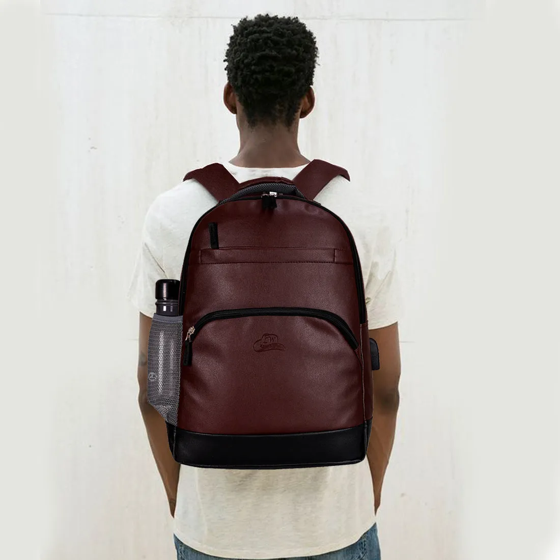 Leather World PU Leather College Office Laptop Backpack with USB