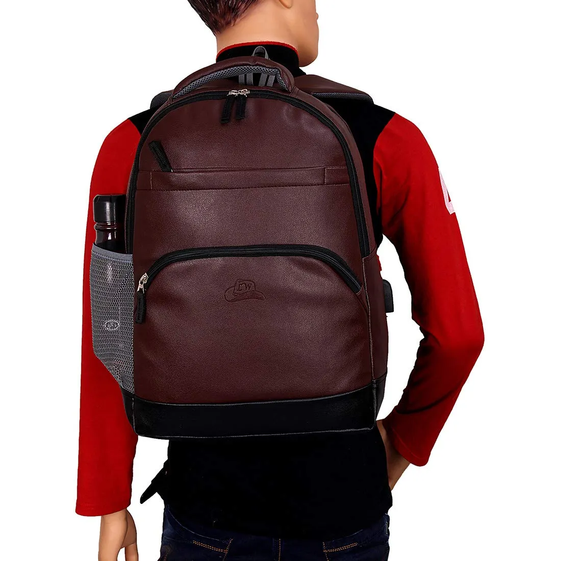 Leather World PU Leather College Office Laptop Backpack with USB