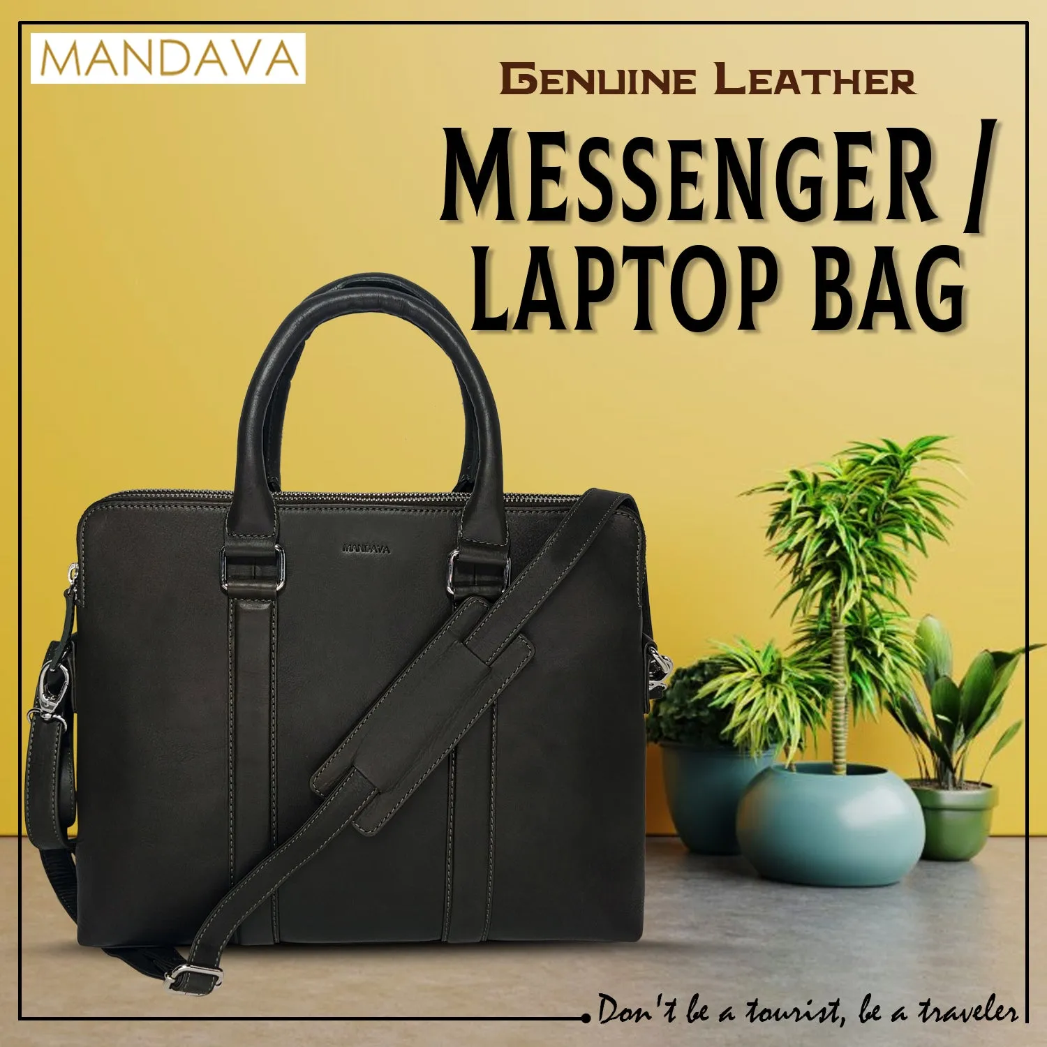MANDAVA Genuine Leather Unisex Laptop Messenger Bag, Travel Crossbody Bag (Green)