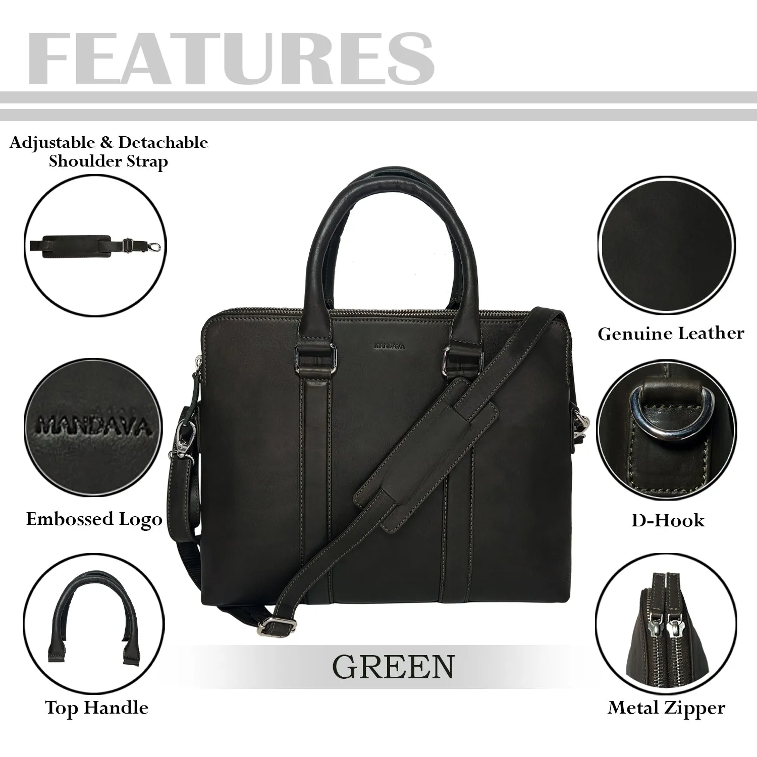 MANDAVA Genuine Leather Unisex Laptop Messenger Bag, Travel Crossbody Bag (Green)