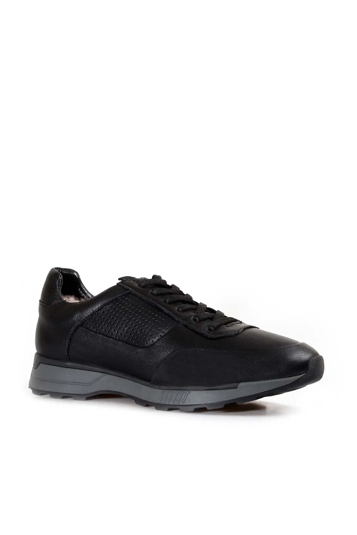 Men's Black Leather Casual Sneakers with Grey Sole and Fur Lining - Wessi