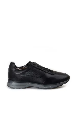 Men's Black Leather Casual Sneakers with Grey Sole and Fur Lining - Wessi