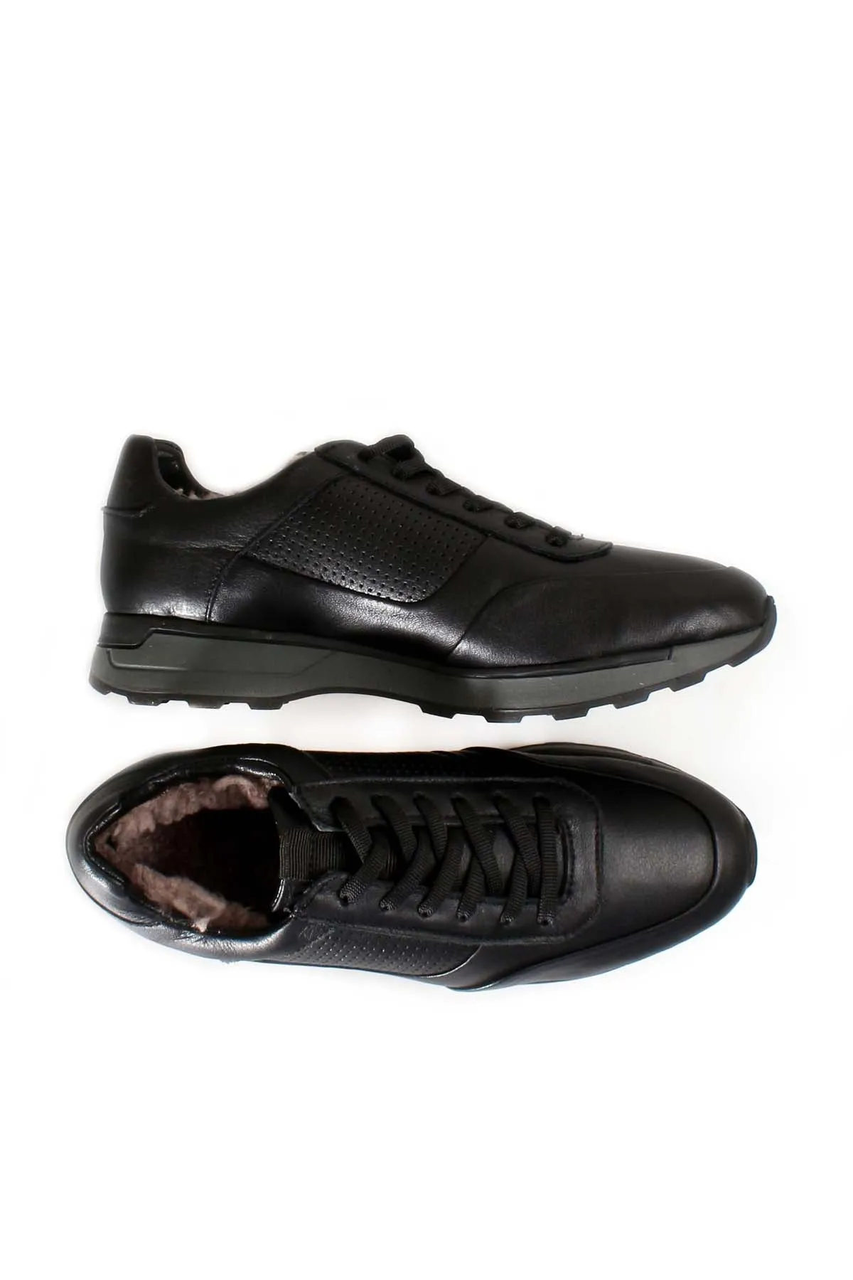Men's Black Leather Casual Sneakers with Grey Sole and Fur Lining - Wessi
