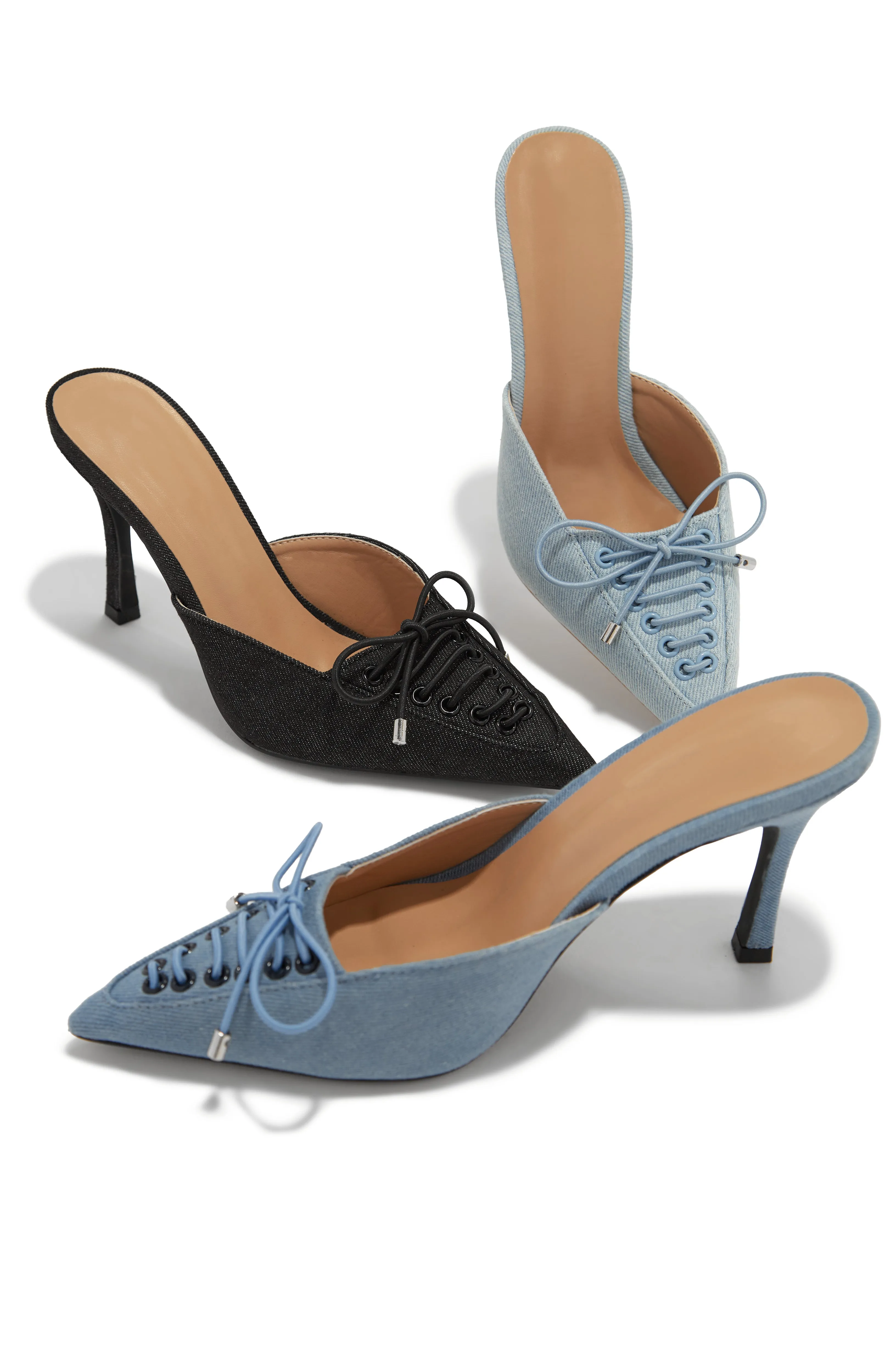 Nyla Pointed Toe Mule Heels - Light Denim