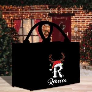 Personalized Christmas Initial and Name Cotton Canvas Tote Bag Custom Xmas Initial Holiday Gift Bag Custom Christmas Alphabet Tote (CI1027)