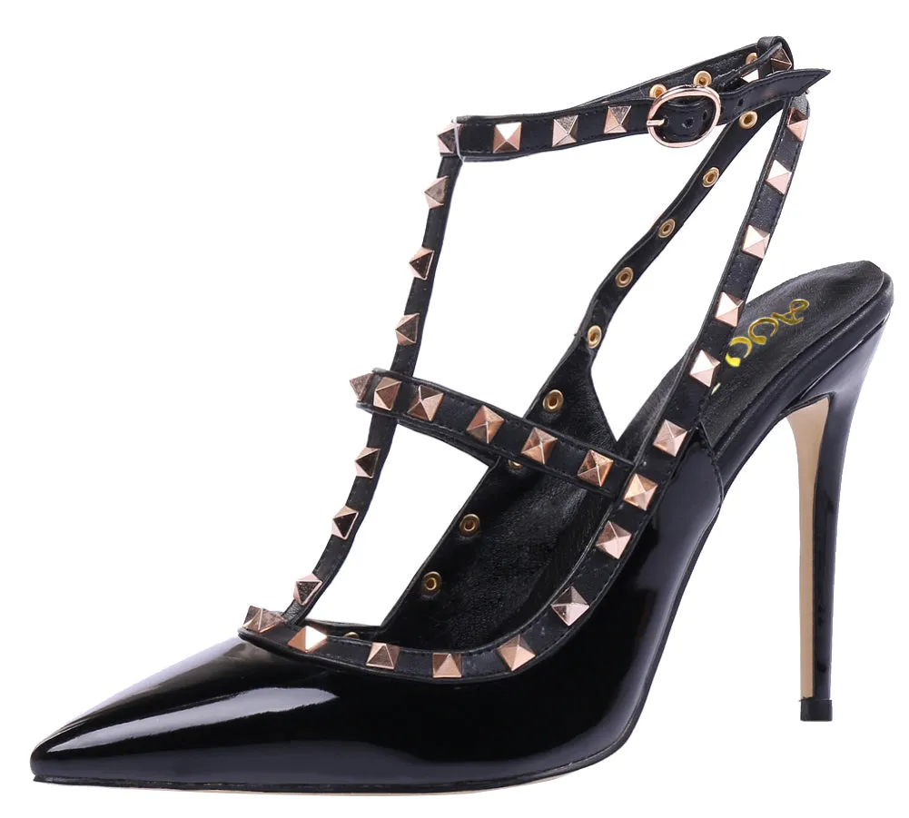 Pointed Toe 10cm Black Patent High Heels Glitter Gold Studs Party Pumps for Woman
