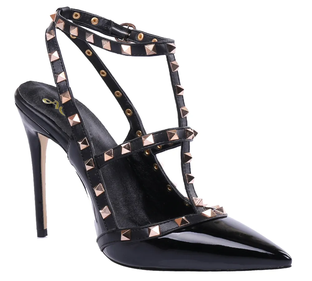 Pointed Toe 10cm Black Patent High Heels Glitter Gold Studs Party Pumps for Woman