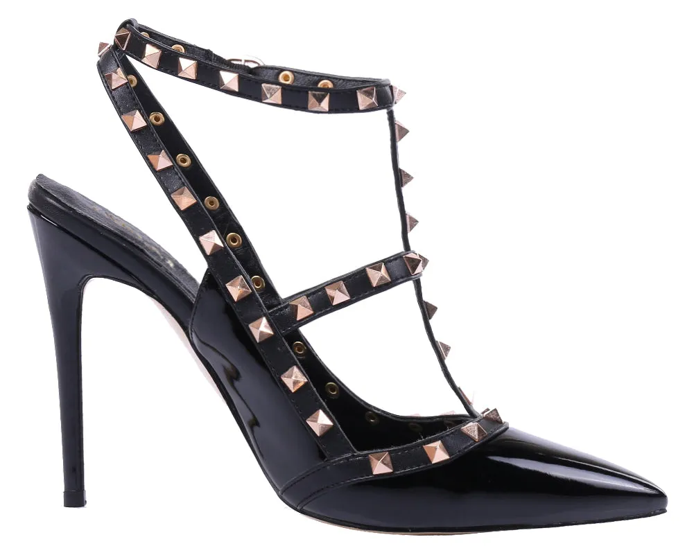 Pointed Toe 10cm Black Patent High Heels Glitter Gold Studs Party Pumps for Woman