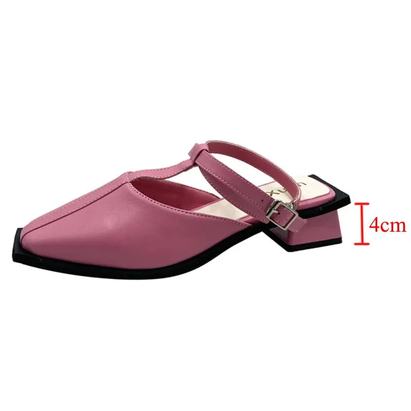 Rimocy Square Toe Slingback Pumps for Women Brand Design T-strap Party Shoes Woman Summer Solid Color Med Heels Sandals Ladies