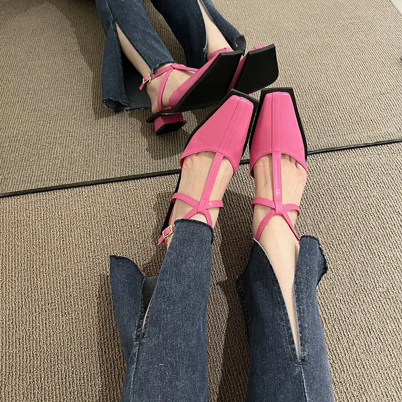 Rimocy Square Toe Slingback Pumps for Women Brand Design T-strap Party Shoes Woman Summer Solid Color Med Heels Sandals Ladies