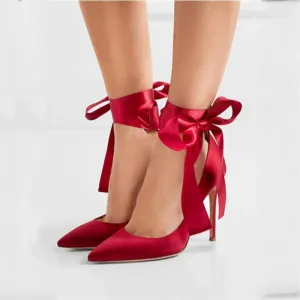 Sexy Red Strap Bow Pointed Toe Pumps