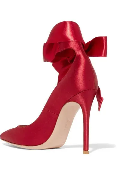 Sohiwoo Bright Red Silk Ankle Bowtie Pumps Pointed Toe Thin High Heels Single Shoes Butterfly Knot Lace- Up Wedding Shoes