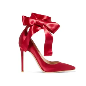 Sohiwoo Bright Red Silk Ankle Bowtie Pumps Pointed Toe Thin High Heels Single Shoes Butterfly Knot Lace- Up Wedding Shoes