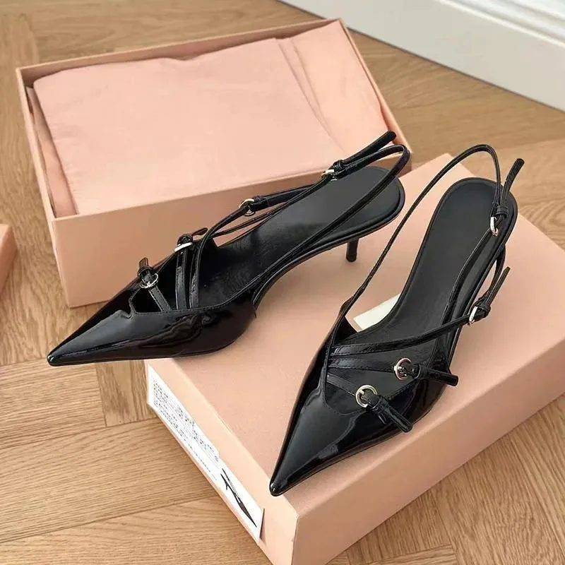 Sohiwoo Summer New High Heels, Women's Sexy Hollow Black Silk Pointed One-line Buckle Skinny Heel Sandals, Women's Shoes