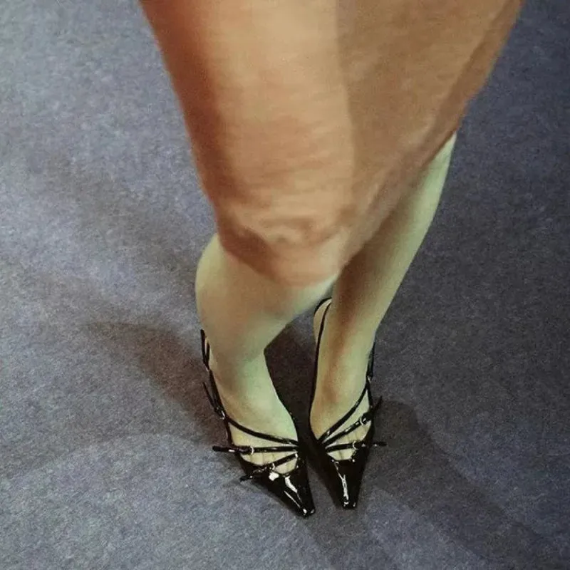 Sohiwoo Summer New High Heels, Women's Sexy Hollow Black Silk Pointed One-line Buckle Skinny Heel Sandals, Women's Shoes