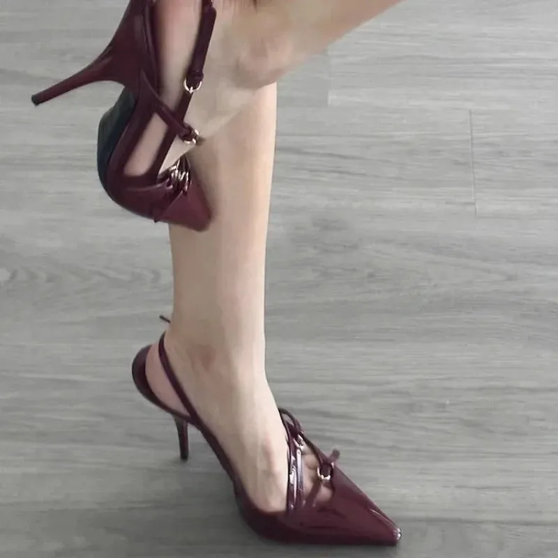 Sohiwoo Summer New High Heels, Women's Sexy Hollow Black Silk Pointed One-line Buckle Skinny Heel Sandals, Women's Shoes