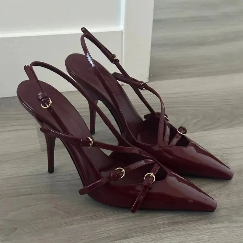 Sohiwoo Summer New High Heels, Women's Sexy Hollow Black Silk Pointed One-line Buckle Skinny Heel Sandals, Women's Shoes