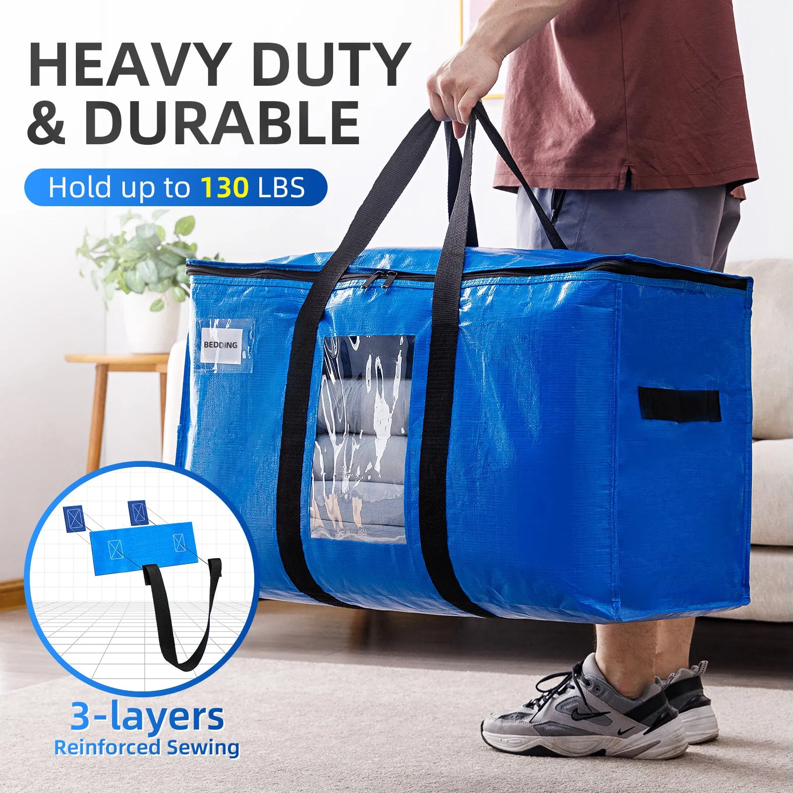 TAILI Moving Bags Extra Large 6 Pack, Heavy Duty Storage Bags with Visible Window, Wrap Around Handles and Reinforced Zipper Storage Tote for Space Saving Moving Storage, Moving totes