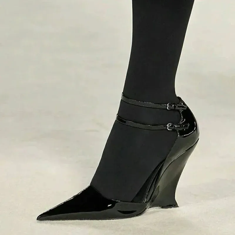 Wedges Heels Pointed Toe Buckle Strap Shoes