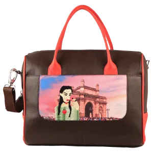 Women's Handcrafted Mumbai Print Weekender Bag (Brown)
