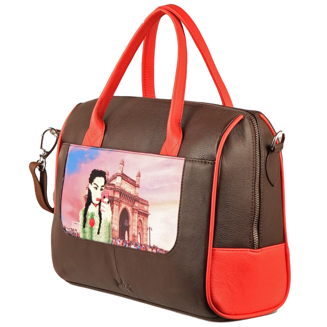 Women's Handcrafted Mumbai Print Weekender Bag (Brown)